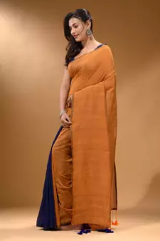 Mustard And Blue Half N Half Cotton Handspun Soft Saree With Pompom