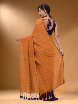 Mustard And Blue Half N Half Cotton Handspun Soft Saree With Pompom 4