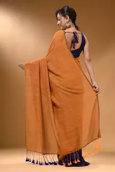 Mustard And Blue Half N Half Cotton Handspun Soft Saree With Pompom