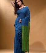 Cobalt Blue Cotton Handspun Soft Saree With Contrast Green Pallu