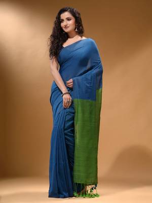 Cobalt Blue Cotton Handspun Soft Saree With Contrast Green Pallu 2