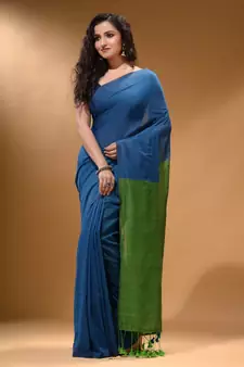 Cobalt Blue Cotton Handspun Soft Saree With Contrast Green Pallu
