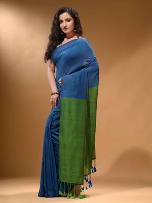Cobalt Blue Cotton Handspun Soft Saree With Contrast Green Pallu 3