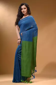 Cobalt Blue Cotton Handspun Soft Saree With Contrast Green Pallu
