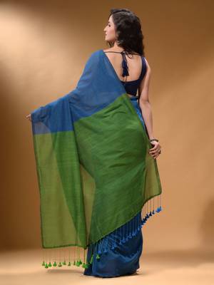 Cobalt Blue Cotton Handspun Soft Saree With Contrast Green Pallu 4