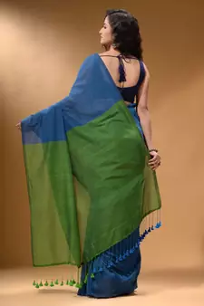 Cobalt Blue Cotton Handspun Soft Saree With Contrast Green Pallu