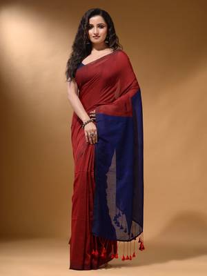 Red Cotton Handspun Soft Saree With Contrast Blue Pallu 1