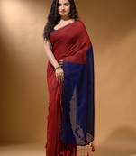Red Cotton Handspun Soft Saree With Contrast Blue Pallu