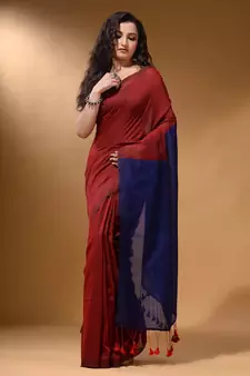 Red Cotton Handspun Soft Saree With Contrast Blue Pallu