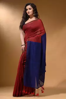 Red Cotton Handspun Soft Saree With Contrast Blue Pallu