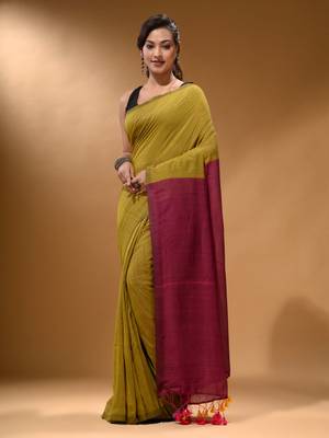 Corn Yellow Cotton Handspun Soft Saree With Contrast Magenta Pallu 1