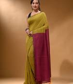 Corn Yellow Cotton Handspun Soft Saree With Contrast Magenta Pallu