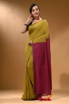 Corn Yellow Cotton Handspun Soft Saree With Contrast Magenta Pallu