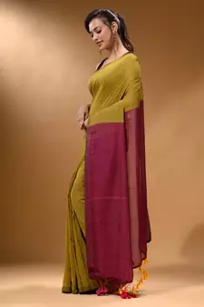 Corn Yellow Cotton Handspun Soft Saree With Contrast Magenta Pallu
