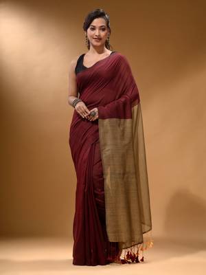 Maroon Cotton Handspun Soft Saree With Contrast Beige Pallu 1