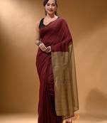 Maroon Cotton Handspun Soft Saree With Contrast Beige Pallu