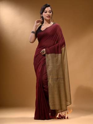 Maroon Cotton Handspun Soft Saree With Contrast Beige Pallu 2
