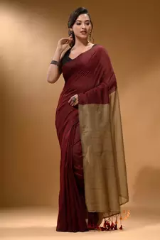 Maroon Cotton Handspun Soft Saree With Contrast Beige Pallu
