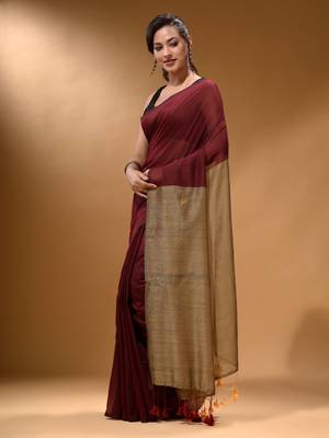 Maroon Cotton Handspun Soft Saree With Contrast Beige Pallu 3