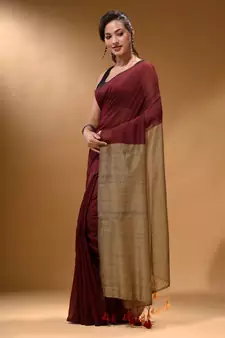 Maroon Cotton Handspun Soft Saree With Contrast Beige Pallu