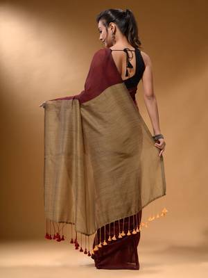 Maroon Cotton Handspun Soft Saree With Contrast Beige Pallu 4