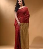 Red Cotton Handspun Soft Saree With Contrast Beige Pallu