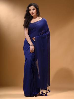 Midnight Blue Cotton Handspun Soft Saree With Pompom 1