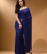Midnight Blue Cotton Handspun Soft Saree With Pompom
