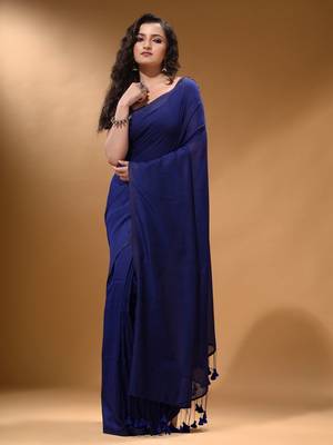 Midnight Blue Cotton Handspun Soft Saree With Pompom 2