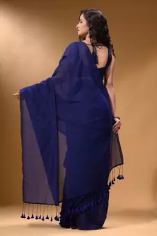 Midnight Blue Cotton Handspun Soft Saree With Pompom