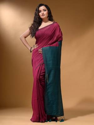 Magenta Cotton Handspun Soft Saree With Contrast Teal Pallu 1