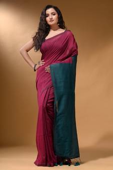 Magenta Cotton Handspun Soft Saree With Contrast Teal Pallu