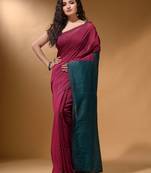 Magenta Cotton Handspun Soft Saree With Contrast Teal Pallu