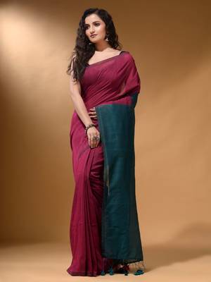 Magenta Cotton Handspun Soft Saree With Contrast Teal Pallu 2