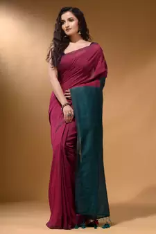 Magenta Cotton Handspun Soft Saree With Contrast Teal Pallu
