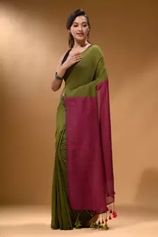 Moss Green Cotton Handspun Soft Saree With Contrast Fuchsia Pallu