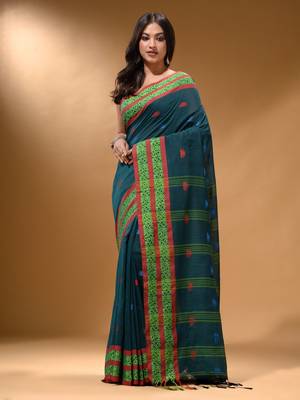 Teal Cotton Handspun Soft Saree With Nakshi Border 1