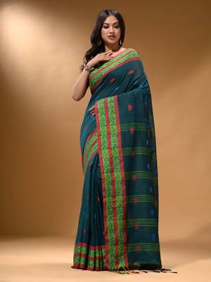 Teal Cotton Handspun Soft Saree With Nakshi Border 2