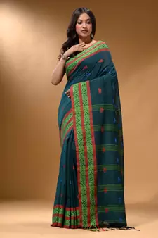Teal Cotton Handspun Soft Saree With Nakshi Border