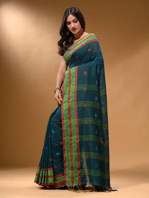 Teal Cotton Handspun Soft Saree With Nakshi Border 3