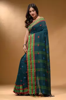 Teal Cotton Handspun Soft Saree With Nakshi Border