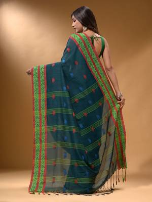 Teal Cotton Handspun Soft Saree With Nakshi Border 4