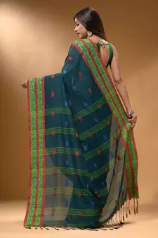 Teal Cotton Handspun Soft Saree With Nakshi Border