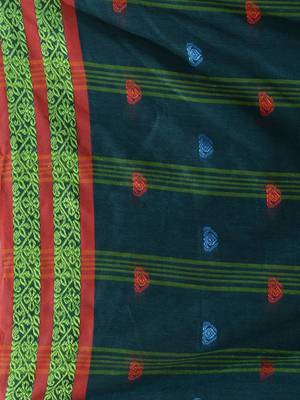 Teal Cotton Handspun Soft Saree With Nakshi Border 5