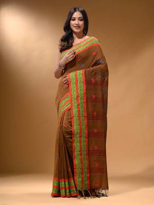 Ochre Yellow Cotton Handspun Soft Saree With Nakshi Border 1