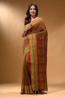 Ochre Yellow Cotton Handspun Soft Saree With Nakshi Border