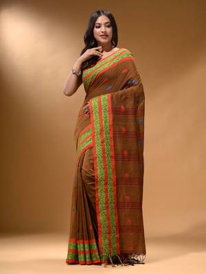 Ochre Yellow Cotton Handspun Soft Saree With Nakshi Border 2