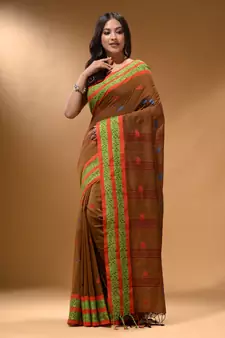 Ochre Yellow Cotton Handspun Soft Saree With Nakshi Border