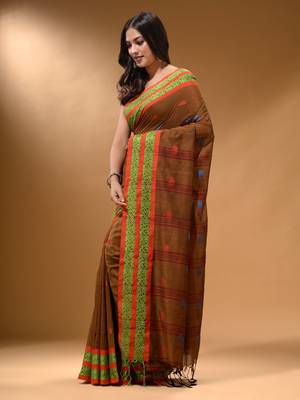Ochre Yellow Cotton Handspun Soft Saree With Nakshi Border 3