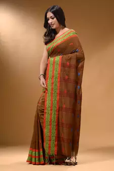 Ochre Yellow Cotton Handspun Soft Saree With Nakshi Border